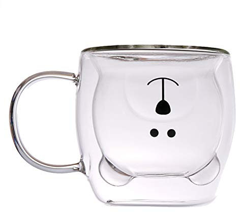 Kaffeetasse, doppelwandig, Glasbecher, Weihnachtsbaum, Weihnachten, Glastassen, kleiner Bär, Motiv Milch, kreatives Geschenk zum Geburtstag, Valentinstag, romantisch (Bär)