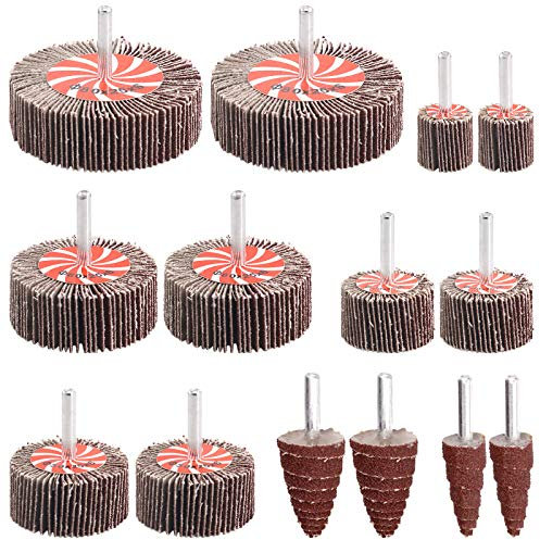 Keadic 14Pcs 80 Grit Flap Wheels Assortment Kit with Cone Shape Sanding Polishing Flap Wheel, for Remove Rust and Weld Burr – 1/4 Shank Fits All Drills, 7 Common Sizes
