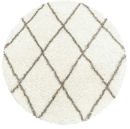 Carpetsale24 Hochflor Runder Teppich Creme 80 cm Rund Rauten Design Flauschig- Langflor Wohnzimmerteppich Skandinavischer Stil Shaggy Teppich