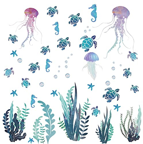 BLMHTWO 2 Stück Wandtattoo Meeresschildkröten Ozean Vinyl für Badezimmer | PVC Vinyl wasserfest feuchtigkeitsbeständig starke Haftung mit Meeresschildkröten Seepferdchen für Badezimmer Wanddeko