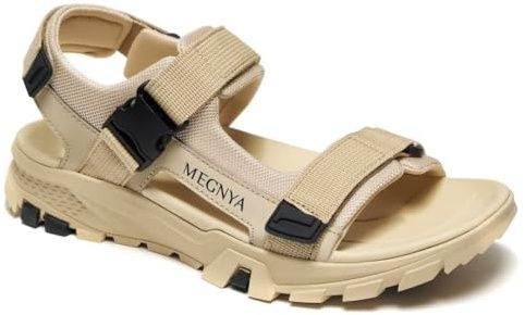 MEGNYA Summer Comfortable Walking Sandals for Camping, Sports Sandals with Hook and Loop for Plantar Fasciitis, Mens Classic Anti Slip Hiking Sandals for Beach Trip Beige Size 9.5