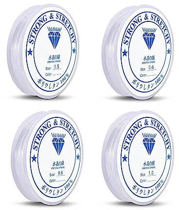 4 Spule Gummiband für Armbänder, Elastisch Schmuckfaden Transparent Gummifaden Nylonschnur Reißfest, für Perlenschmuck Schmuckherstellung, Halskette, DIY Basteln (0.5mm 0.6mm 0.8mm 1.0mm)