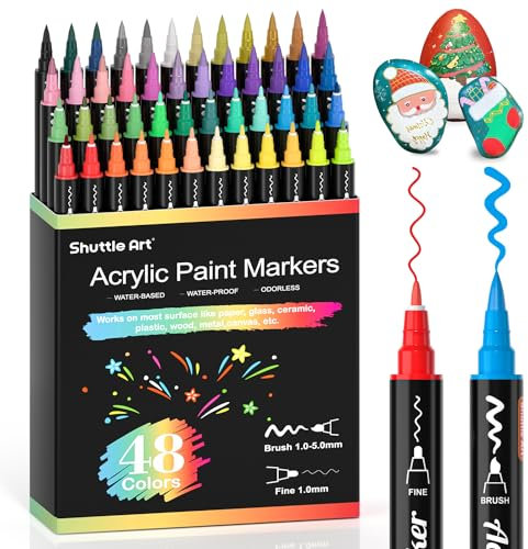 Shuttle Art Acrylstifte für Steine wasserfest, 48 Farben Steine bemalen Stifte Set, doppelköpfige Acrylmarker mit Pinsel & feine Spitze, Acryl Stifte für holz, Ostereier, Glas, Keramik, Leinwand