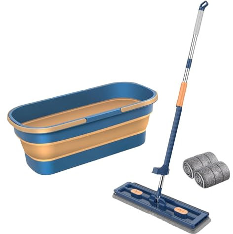 Balai Nouveau Style, Balai Plat Lavage Sol avec 6 Tampons Microfibre Et Seau, Grande Serpillière Plate avec Tampons en Fibre Super Absorbants Et Utilisation Humide Et Sèche