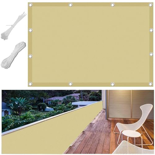 FlySoul Sichtschutzzaun Balkon Sichtschutzplane 80x400cm Wasserdicht Zaunblende Zaunplane Sichtblende Schutz für Balkongeländer Terrasse Gartenzaun Kabelbinder und Kordel Sand Beige