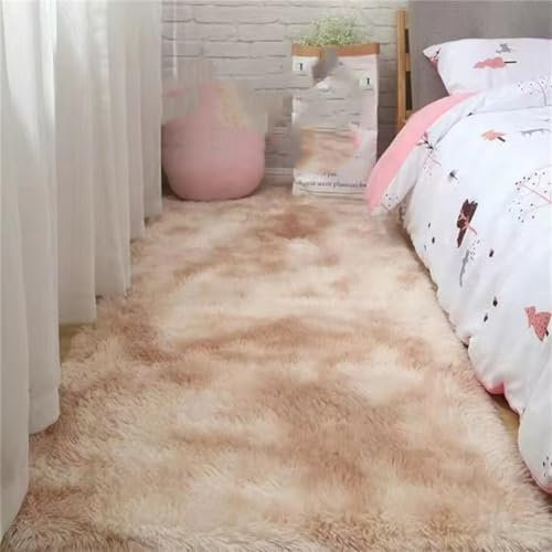 PEKMAR foot mat bedroom silk long hair carpet to cover the home room non-slip tie-dye bed blanket,Light camel,1400MMx2000MM