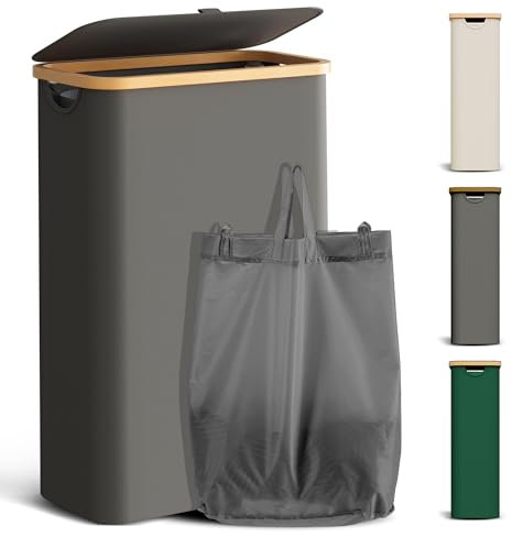 Youdenova Cesto portabiancheria con coperchio, 48 l, alto e stretto, con sacco per la biancheria, pieghevole, in legno di bambù, grigio scuro