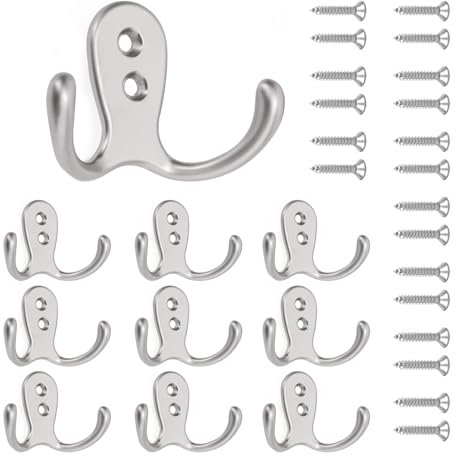 chongning 10 PCS Double Prong Coat Hooks - Chrome Wall Mounted Hooks with 20 Screws | Vintage Metal Robe Hooks for Bathroom, Bedroom, Kitchen (Silver, Heavy-Duty)