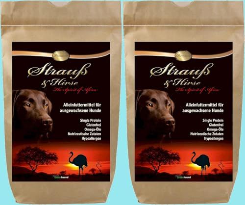 Greenhound Strauß & Hirse Premium - Strauss - hypoallergen - für Junghunde - Adult und Seniorhunde - 2 x 3 kg