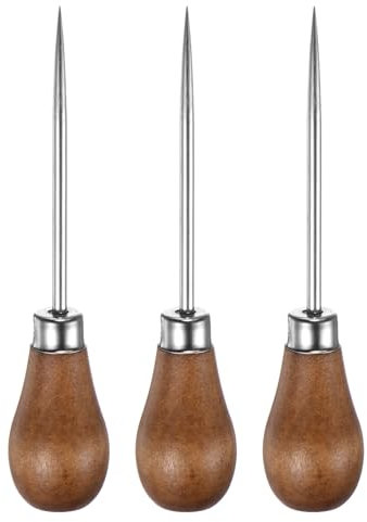 QUARKZMAN Juego de 3Pcs de Punzón de Costura Manual de Cuero con Mango de Madera para Hacer Agujeros, Marcar, Perforar, Reparar Y Manualidades DIY Color de Madera