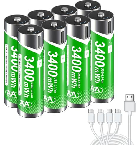 Palogreen 8 Batterie USB AA 3400 mWh – 1,5 V Crash Light Pile ricaricabili agli ioni di litio AA batterie ricaricabili ad alta capacità con cavo di ricarica di tipo C 4 in 1