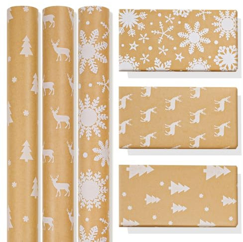 Niviy Geschenkpapier Weihnachten 3 Rolle 43CM x 3M Braun Natur Kraftpapier mit Weiße Elch Schneeflocke Weihnachtsbaum Bedrucktes Geschenkpapier für Weihnachten Halloween Geburtstag Kinder Party Decor