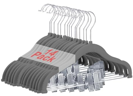 Wellong Baby Clothes Hangers with Clips, 14 Packs Kids Velvet Clothes Hangers, Heavy-Duty Childrens Hangers, Storage Organizer Clothing Hangers for Shirts, Pants, Skirts, Dresses, Jackets, Coat Grey