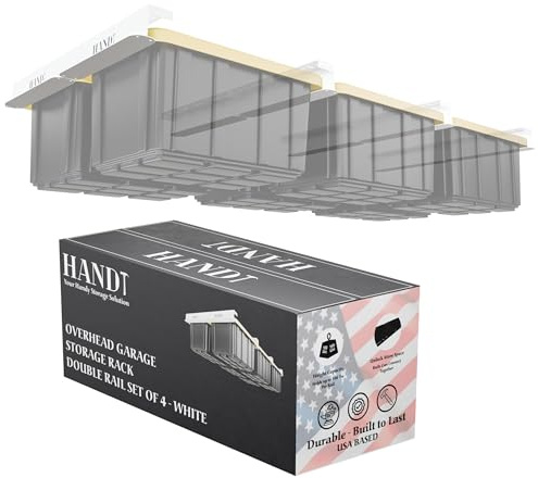 USA Based Overhead Garage Storage Rack, Connectable Heavy Duty Metal Ceiling Rails Garage Storage Organization Shelving System, Hanging Racks Tote Containers, Supports Up To 6 Bins, 4 Sets White