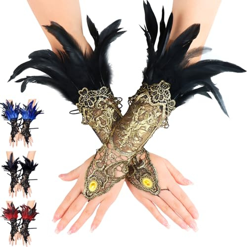 AUNGCSHE Spitze Feder Handschuhe, Feder Manschetten, Damen Feder Spitze Fingerlose, für Halloween Kostüm, Maleficent Kostüm Damen(Gold)