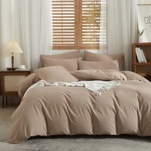 Funda nórdica de algodón de lino, 220 x 240 cm, color marrón caqui lino, algodón mixto, 100% natural, lino, algodón, suave, transpirable, ropa de cama para 2 personas con cremallera y fundas de