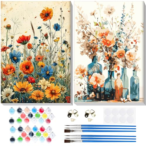 Lxmsja 2 Pack Flores Pintar por Numeros Adultos con Marco, DIY Cuadros para Colorear por Números Lienzos, Bote Pintura Acrilica Manualidades Adulto Decoracion Hogar Pared 20x30cm