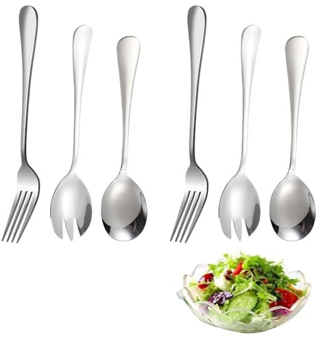 Hinapan Set di 6 posate da insalata, forchette e cucchiai, in acciaio inox, manico lungo 20 cm, lavabile in lavastoviglie, per dessert, gelato, insalata, zuppa, pasta, spaghetti