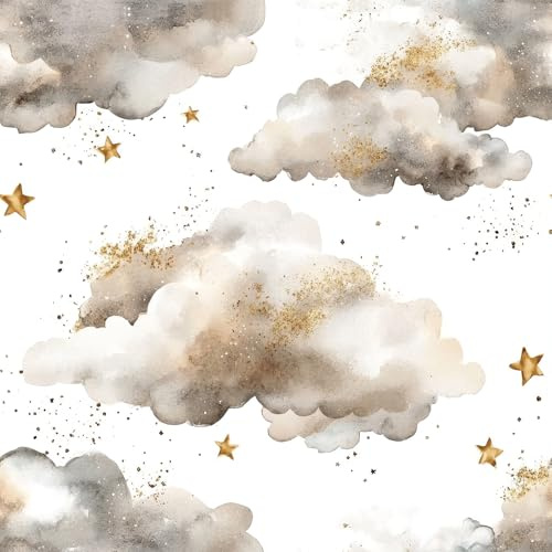 FunStick Carta da Parati Nuvole Stelle Acquerello Rivestimento Parete Grigio e Bianco Carta Adesiva per Mobili Nuvole Fantasia Pellicola Adesiva per Armadio Cucina Bambini Nuvola e Stella 44.5CM×3M