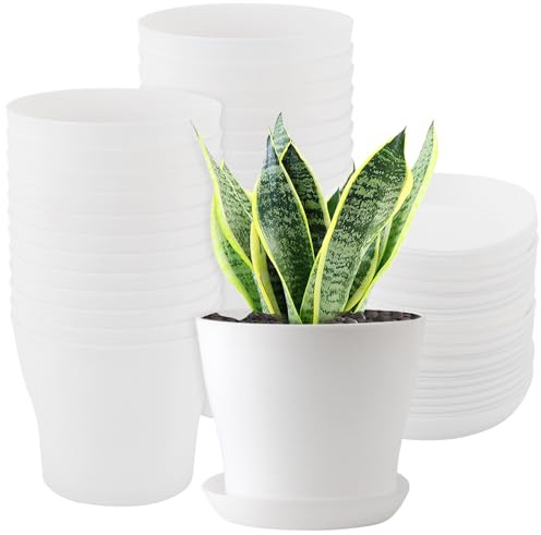 HEIYUET 24 stycken 10 cm blomkrukor vita små plastkrukor små blomkrukor med underlägg, blomkruka plast ytterkrukor växtkruka vit för inomhus balkong trädgård växter