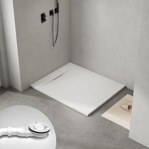 WITEN&NOCK Duschwanne 120x100 cm SMC Brausewanne weiß Steinoptik Rutschfest Duschtasse Höhe 3,2 cm superflach Brausetasse mit 90mm Ablaufgarnitur