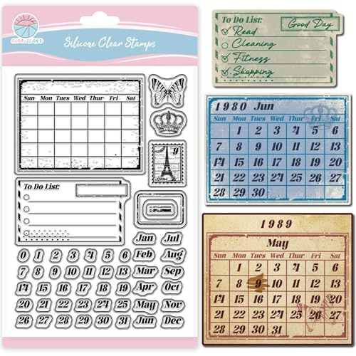 GLOBLELAND Vintage Kalender Transparente Stempel für Scrapbooking Datum Monat Klare Stamps Zahlen Buchstaben Silikonstempel Für Kartengestaltung DIY Prägung Journaling