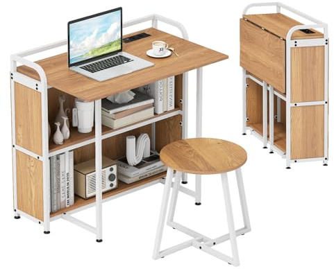 COSTWAY Schreibtisch klappbar mit Steckdose, Klapptisch mit Hocker, Computertisch mit Regalen & Metallrahmen, platzsparender Bürotisch, Klappschreibtisch für Zuhause, Büro, 90 x 55 x 83 cm (Natur)