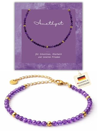 happymaker - Bracciale donna con Ametista, pietra naturale viola, perline e chiusura in acciaio inox placcato oro 18k, pietra di nascita febbraio, fatto a mano in Germania, confezione regalo
