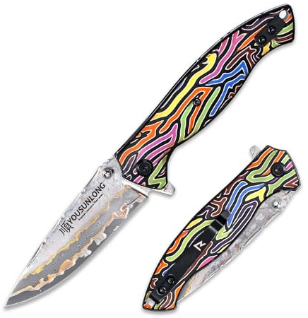 YOUSUNLONG Coltello tascabile pieghevole da campeggio EDC - Lama in acciaio damasco CuMai - Rivestimento in G10 multicolore
