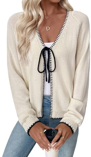 EVALESS Womens Cardigan Sweaters Trendy 2025 Fall Long Sleeve V Neck Lightweight Cardigans Chunky Winter Open Front Bow Tie Knit Sweater Outfits,Apricot Medium