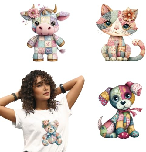arricraft 4 Blatt Patchwork Tiere Zum Aufbügeln Patchwork Kuh Katze Bär Hund Druck Transfer Aufkleber Aufkleber Für DIY T Shirt Jeans Rucksäcke Familien Kleidung Hut Dekoration Applikation