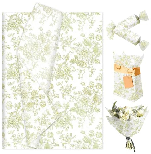 JeVenis feuilles fleurs vertes papier de soie chinoiserie papier cadeau | 30 feuilles fleurs vertes papier de soie chinoiserie papier cadeau vintage emballage à motifs fleurs vertes pour décoration