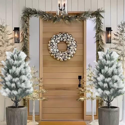ComfyHarbor 2 Pack Artificial Cypress Topiary 21.6 Inch Plastic Green Pine Branch Floor Standing Christmas Tree Decor for Indoor or Outdoor Use(green and white)