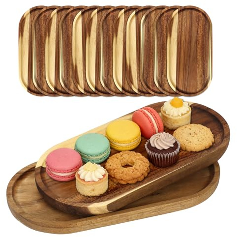 OJMHD 12 Stück Kleine Akazienholz Tabletts, 25 x 13 cm Holz Ovale Holztablett, Snack Serviertablett Servierplatte Deko für Kuchen Kaffee Tee Dessert Gastronomie Pflanzen Untersetzer Frühstück