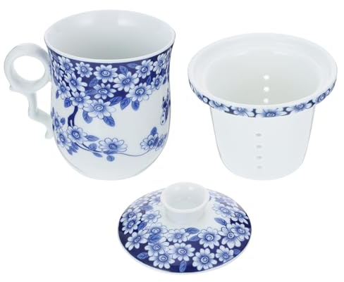 jojofuny Tasse à Thé en Porcelaine Bleue et Blanche Infuseur et Couvercle Tasse à Eau en Céramique 1 Pièce Filtre Intégré Usage Bureau et Quotidien Design Classique et Résistant