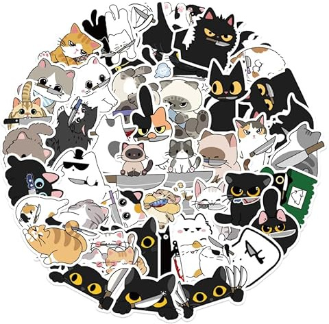 LEBKFT 100Pcs Funny Edgy Cat Stickers, Kawaii Cartoon Black Cat White Cat Stickers Waterproof Vinyl for Water Bottles Laptops Phone Journals Planners Scrapbooking Aesthetic Gift for Teens Girls Adults