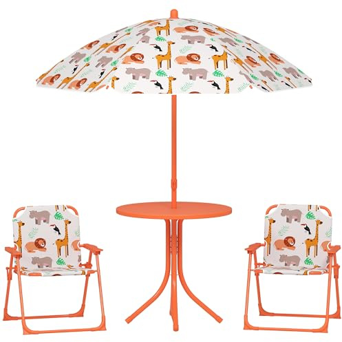 AIYAPLAY Set de jardín para niños, mesa y sillas con sombrilla, mesa de picnic para exteriores con 2 sillas plegables para niños de 2 a 5 años, naranja