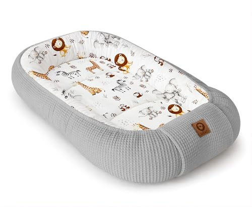 Babynestchen Neugeborene – Nestchen Baby aus Waffel Baumwolle & Baumwollstoff – Babynest für Babybett & Kinderbett – Baby Kokon Tragbar – OEKO-TEX zertifiziert – Zubehör für Babybett - ZOO und Grau