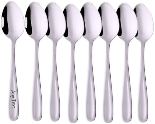 Personalised Coffee Spoons, Set of 8, Stainless Steel, Mirrored Finish, 14 cm, Custom Engraved Name, Multiple Colours (Silvery)