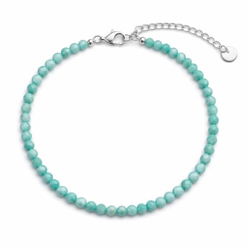 Kim Johanson® Damen Edelstahl Fußkettchen mit echten Natursteinen in Silber I Naturstein Fußkette mit 4mm Edelstein Perlen I Wasserfest | Boho Schmuck für Frauen | Verstellbar I Inkl. Schmuckbeutel