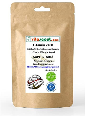 **L-Taurin 2400 II, 360 Kapseln, 800 mg, Hochdosiert, Vegan, Ohne Magnesiumstearat, Oft verwendeter Suchbegriff ist Muskelregeneration**