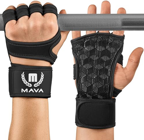 Mava™ Sports - Guantes de entrenamiento con muñequera para fitness, WOD, levantamiento de pesas, entrenamiento en el gimnasio y levantamiento de potencia - Con acolchado de silicona para evitar callos - Se adapta a hombres y mujeres, fuerte agarre, Unisex, color negro, tamaño medium