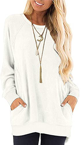 AUSELILY Långärmad damtröja, rund hals, t-shirt, blusar, tunika, tröja, tröja med fickor, Vit, L