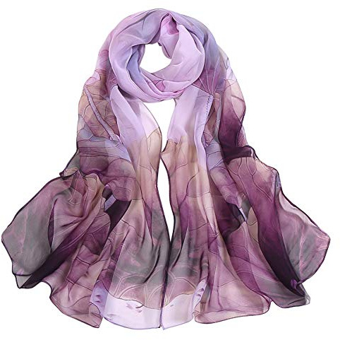 Ladies Floral Chiffon Scarf - Sunscreen Fashion Scarf Flower Print Lightweight Head Scarf Scarves Shawls Wrap For Women (Purple)