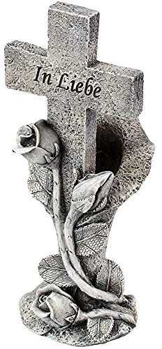 matches21 Schöne Friedhofsvase mit tollen Rosenverzierungen - Graue Grabvase,In Liebe' auf Kreuz aus Kunststein - Vase mit Sockel als Grabschmuck in 10 x 24 cm
