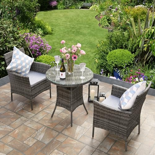 RayGar Salon de Jardin 3 pièces en rotin avec chaises de bistrot et Table Basse Gris