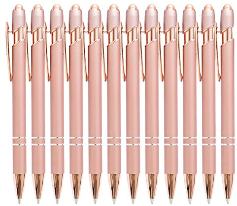 PASISIBICK 12 Stück Rose Gold Kugelschreiber mit Stylusspitze, 2 in 1 Rose Gold Stylus Pens Stylischer Stift, Metall Stylus Pen für Touchscreens, 1,0 mm Schwarze Tinte (12 Stück)