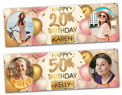 2 personalised birthday banner Photo Rose Gold Pink celebration poster decoration star balloon bunting party banner-16th 18th 21st 30th 40th 50th 60th 70th