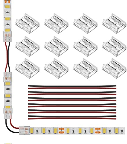 SEZO Kit de Conectores de Cinta LED Conector de Esquina LED 12piezas SMD 2PIN 10mm Transparente Inalámbrico Sin Soldadura Tablero a Cable Conectores + 6 Cables de Extensión de 15cm de Largo