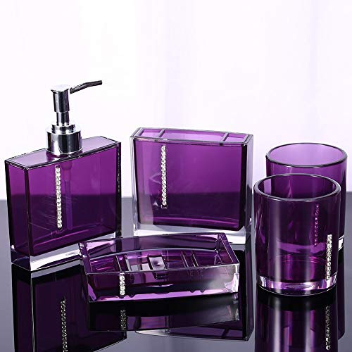 5-teiliges Set Zahnbürstenhalter, Badezimmerzubehör aus Acryl, Badewannentasse, Flasche, Seifenschale, Bad-Waschtisch-Set, Badzubehör für Zuhause, Badezimmer, Hotel, Lila